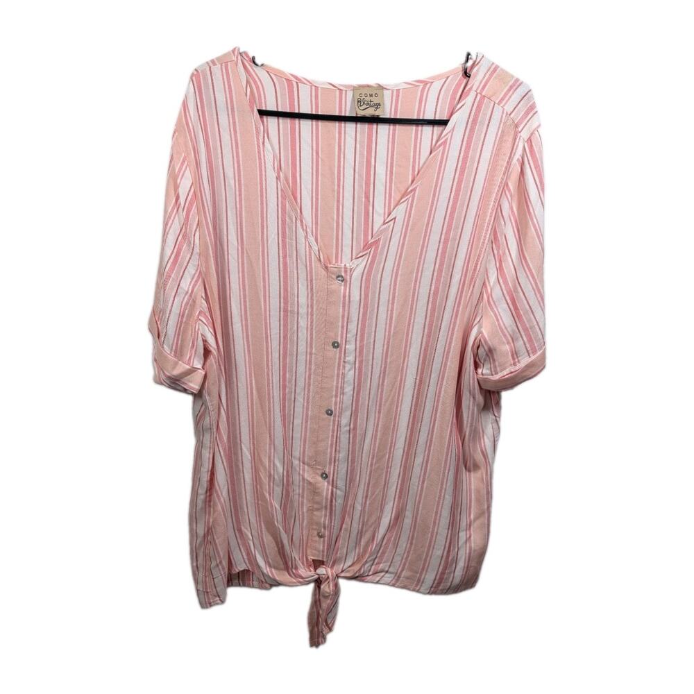 Como Vintage Pink Stripe Button Shirt Blouse Women's XL Vneck Coastal Linen Look